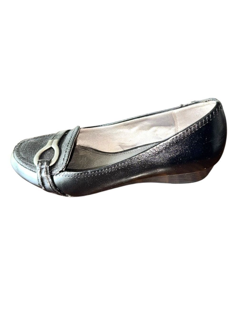 Soft Style Black Slip-On Loafer with Silver Buckle Detail